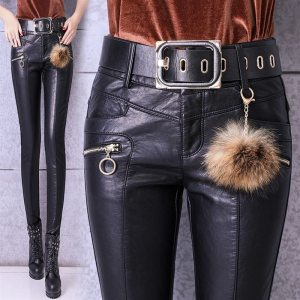 Women PU Leather Pants 2022 New Autumn High Waist Pants Faux Leather Skinny Pencil Pant Sashes pockets Tight Trousers Black P513