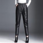 Women PU Leather Pants Fashion Drawstring Tie Ankle Trousers Elastic Waist Pants Pockets Black Streetwear Pantalones Mujer P162