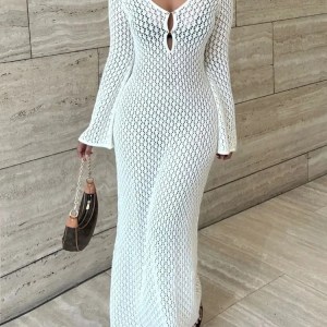 Women's Maxi Knitted Dress Summer V-Neck Hollow Long Sleeve Sun Protection Blouse Fashion Babes Sexy  Ladies Bikini Beach Dress