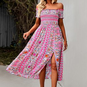 YEMOGGY Elegant Floral Print Hem Split Dresses Women Summer Dress 2022 New Boho Holiday Slash Neck Short Sleeve Swing Midi Dress