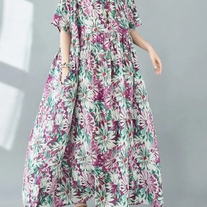 short sleeve oversized cotton vintage floral new in dresses for women casual loose long summer dress elegant clothing 2024