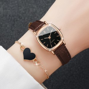 2PCS/Set Fashion Square Women Watch Leather Band Quartz Watches Heart Bracelet Set -