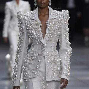 Silver Women Suit Set 2 Pcs Pearls Blazer+Straight Pants Trousers Customized Formal Office Lady Jacket Wedding Prom Coat