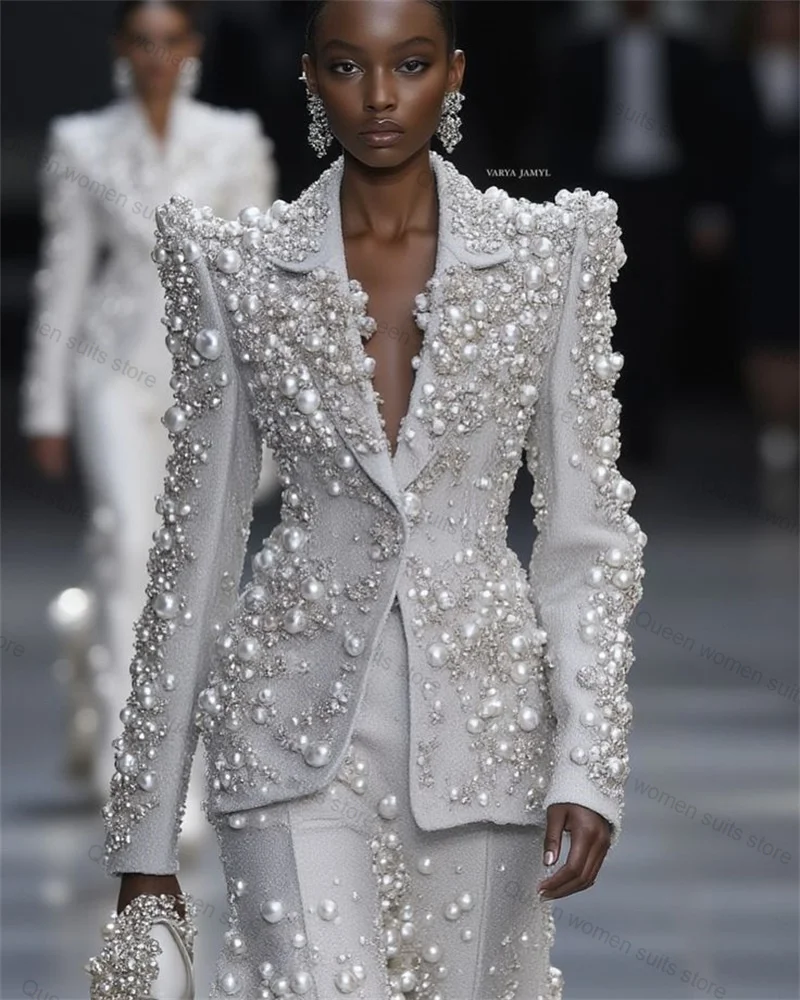 Silver Women Suit Set 2 Pcs Pearls Blazer+Straight Pants Trousers Customized Formal Office Lady Jacket Wedding Prom Coat