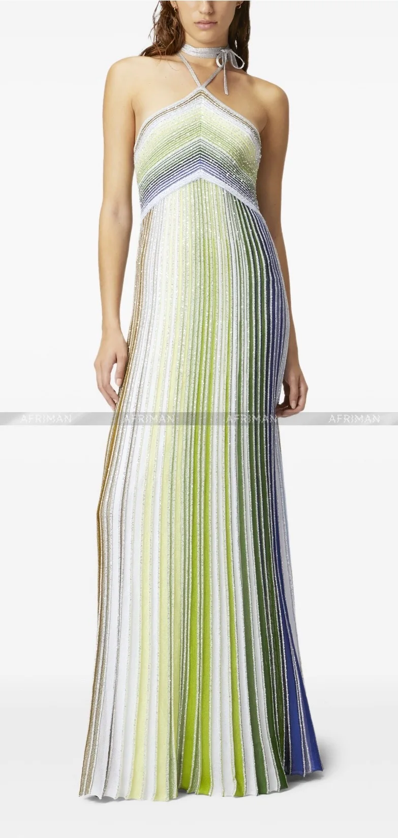 Women Metallic Sequined Striped Halter Neck Sleeveless Maxi Long Dress - Image 2