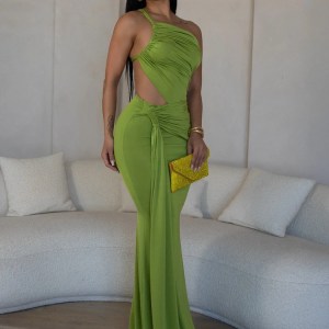 Beyprern Women's Cut-Out Ruched Maxi Dress Fashion Backless Long Straps Fitted Party Club Dresses Female Vestidos Night Clubwear