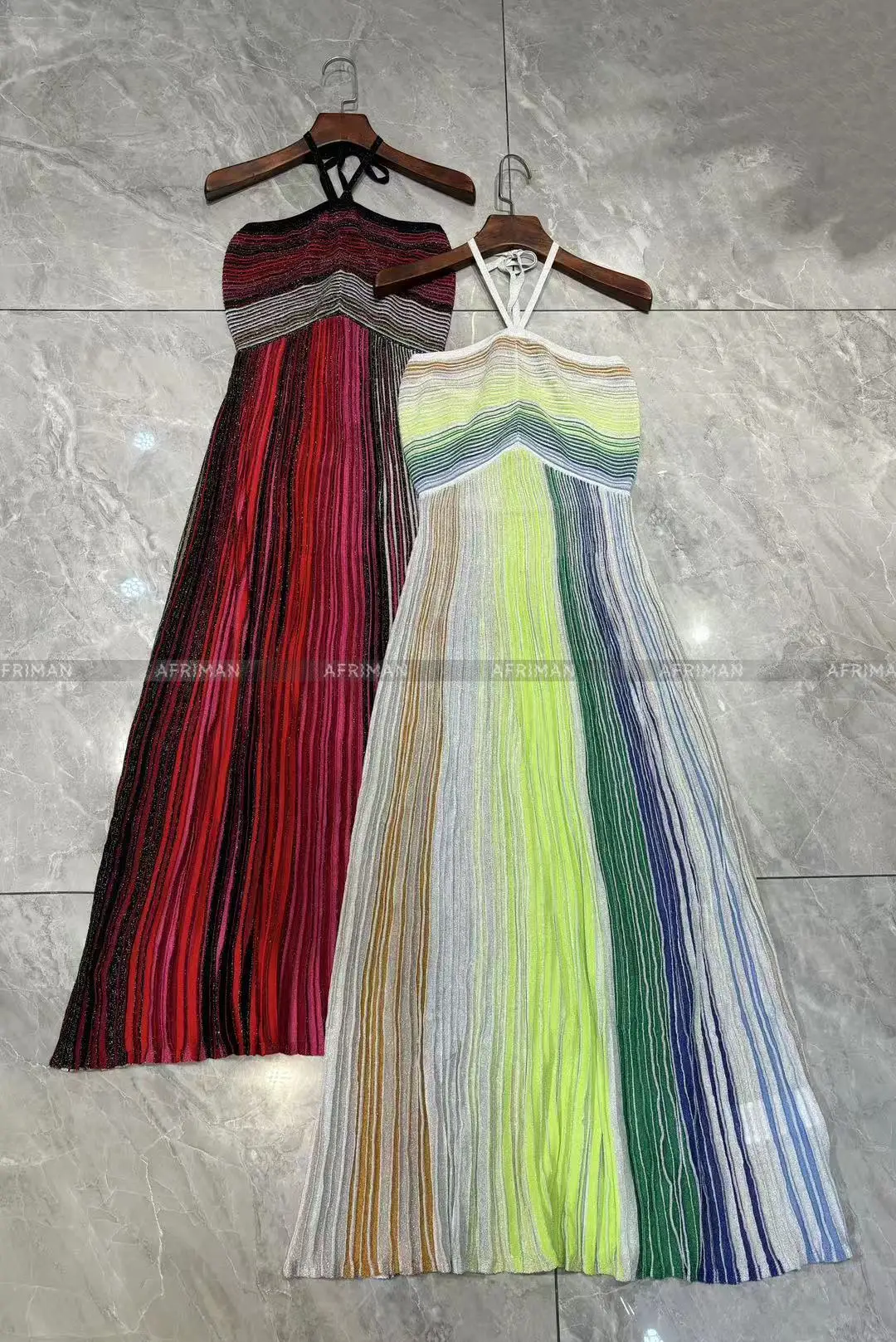 Women Metallic Sequined Striped Halter Neck Sleeveless Maxi Long Dress - Image 4