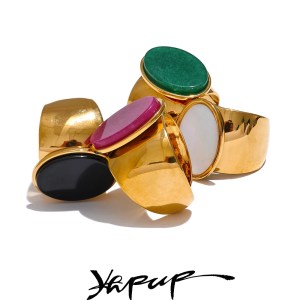 Yhpup PVD Plated Stone Stainless Steel Gold Color Wide Ring Summer Trendy Fashion Jewelry Accessories Bijoux -