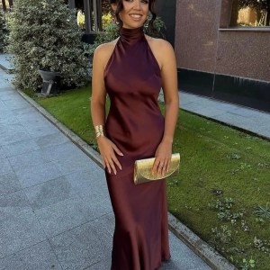Satin Halter Neckline Backless Sexy Maxi Dress Women Summer Ruffle Hem Slim Dresses Lady Evening Party Elegant Long Dresses 2025 -