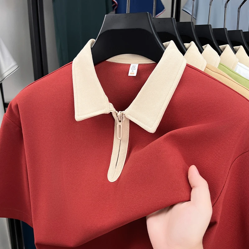 Fashion personalized half zipper men's short sleeve polo shirt summer new simple solid color youth high-end casual lapel T-shirt - Image 3