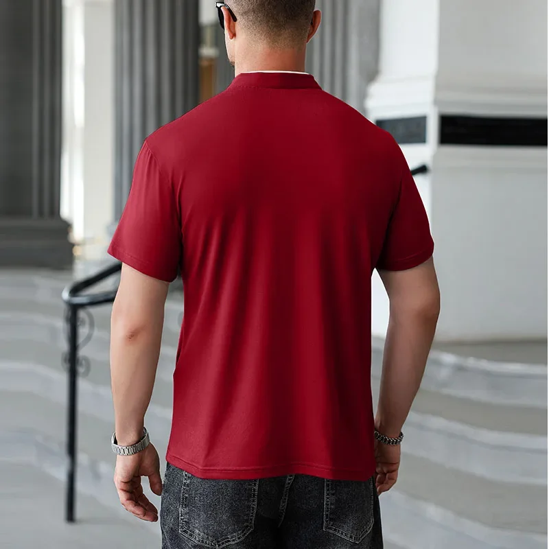 2025 New Men's Casual Fashion Zipper Solid Color Short Sleeved Polo Shirt Stand Up Collar Versatile Comfortable Top - Image 6