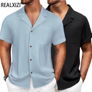 Men's Casual Short Sleeve Shirts Summer Lapel Button-down Solid Color Shirts Male Beach Vacation Shirt Men Tops Streetwear