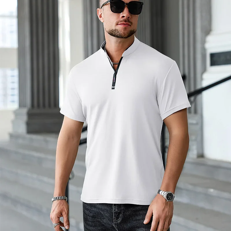 2025 New Men's Casual Fashion Zipper Solid Color Short Sleeved Polo Shirt Stand Up Collar Versatile Comfortable Top - Image 2