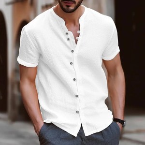 2025 Summer Fashion Men's Shirt Retro Button Cotton Hemp Casual Slim Solid Color Short-sleeved Stand-up Collar Top SIZE