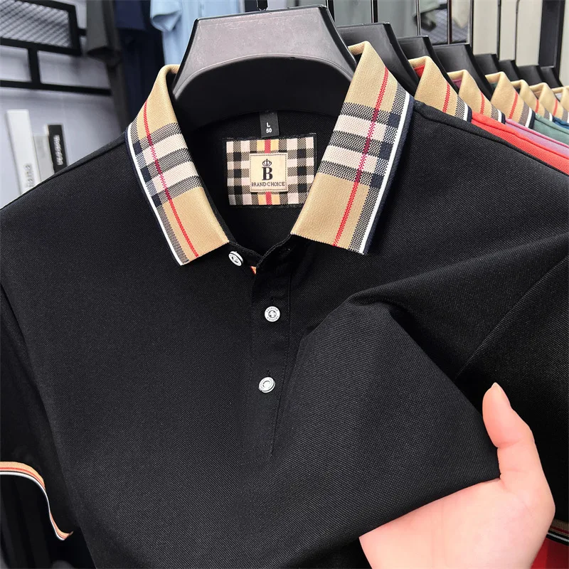 High end brand solid color short sleeve polo shirt men's mercerized cotton comfortable top new casual contrasting lapel T-shirt