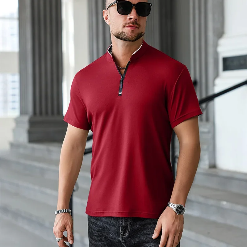 2025 New Men's Casual Fashion Zipper Solid Color Short Sleeved Polo Shirt Stand Up Collar Versatile Comfortable Top - Image 5