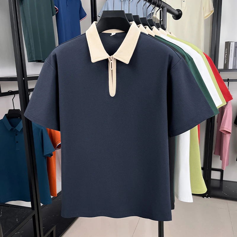 Fashion personalized half zipper men's short sleeve polo shirt summer new simple solid color youth high-end casual lapel T-shirt - Image 5