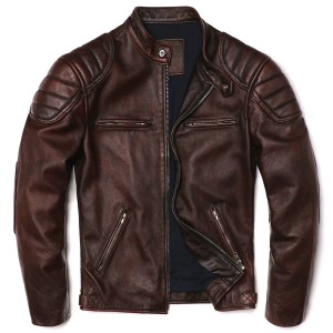 2025 Vintage Brown Genuine Leather Jacket Real Natural Cowhide Men Motorcycle Biker Coat Mens Slim Calf Skin Coat