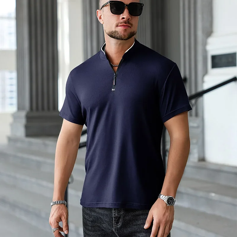 2025 New Men's Casual Fashion Zipper Solid Color Short Sleeved Polo Shirt Stand Up Collar Versatile Comfortable Top - Image 3