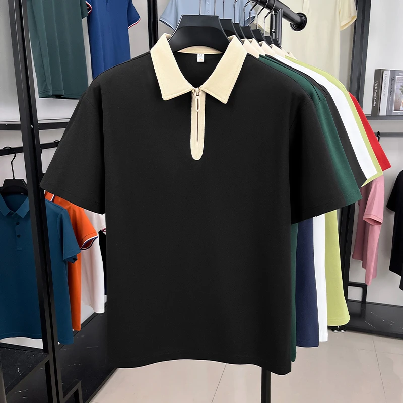 Fashion personalized half zipper men's short sleeve polo shirt summer new simple solid color youth high-end casual lapel T-shirt - Image 6