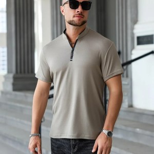 2025 New Men's Casual Fashion Zipper Solid Color Short Sleeved Polo Shirt Stand Up Collar Versatile Comfortable Top