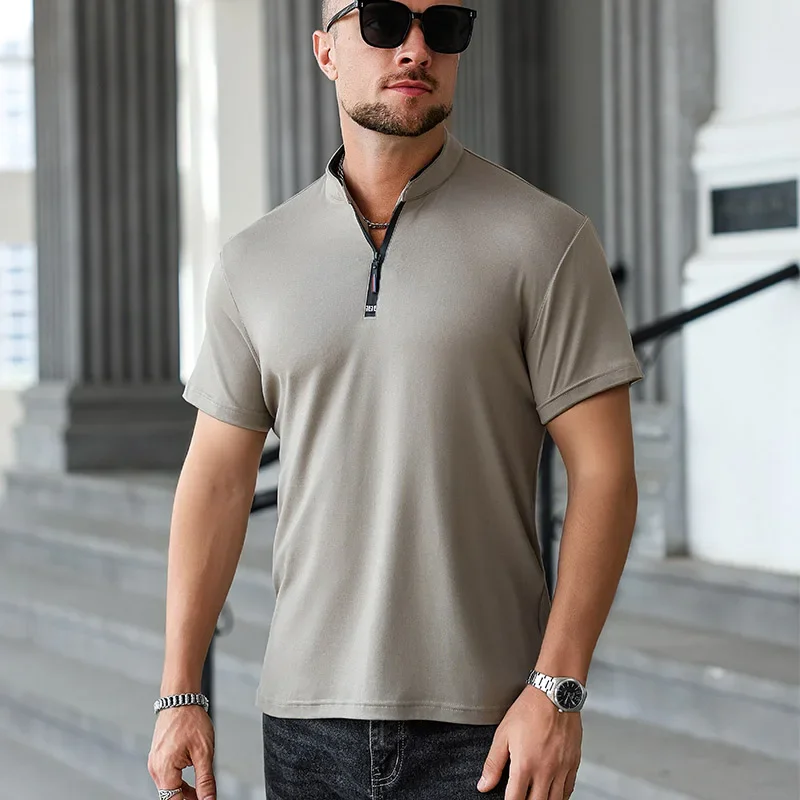 2025 New Men's Casual Fashion Zipper Solid Color Short Sleeved Polo Shirt Stand Up Collar Versatile Comfortable Top