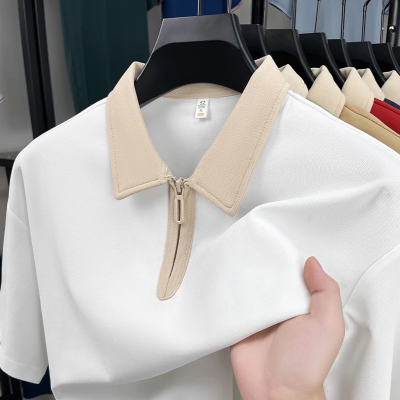 Fashion personalized half zipper men's short sleeve polo shirt summer new simple solid color youth high-end casual lapel T-shirt