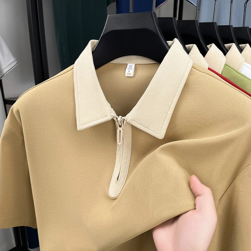 Fashion personalized half zipper men's short sleeve polo shirt summer new simple solid color youth high-end casual lapel T-shirt - Image 4