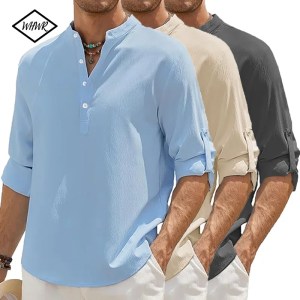Men's Linen Shirt Summer 2025 Casual Short Sleeve Breathable Stand Collar Loose Fit Trendy Solid Color Youth Top with Pocket
