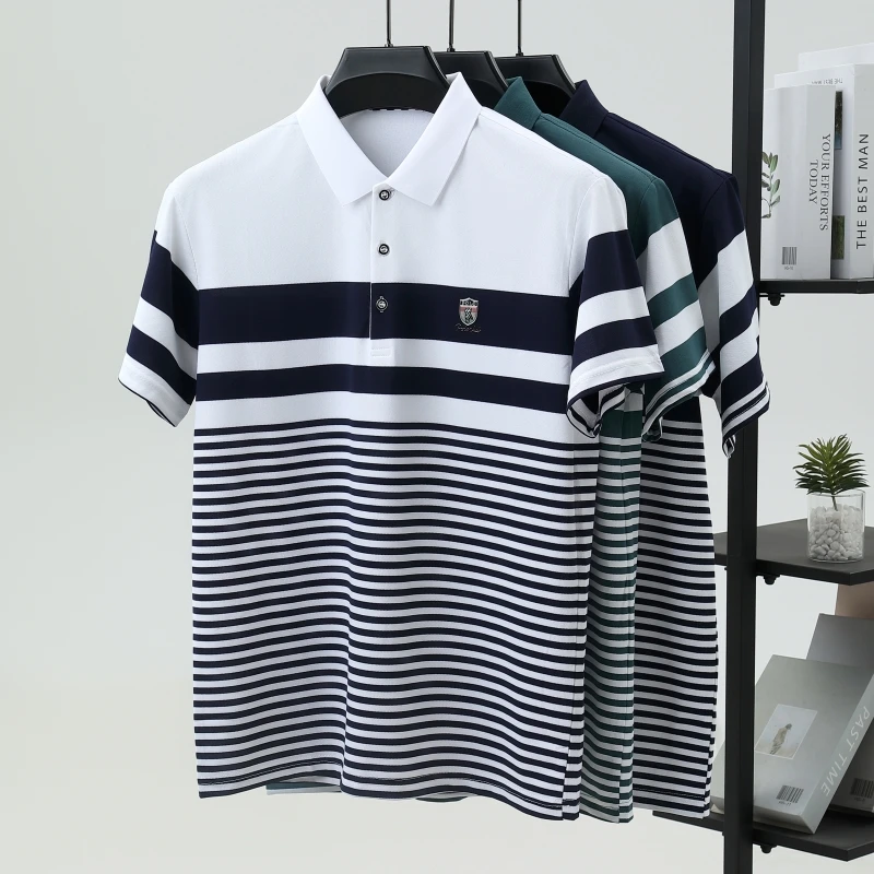 Premium pure cotton stripe short sleeve polo shirt men summer T-shirt fashion brand embossed comfort new trend color blocked top - Image 6