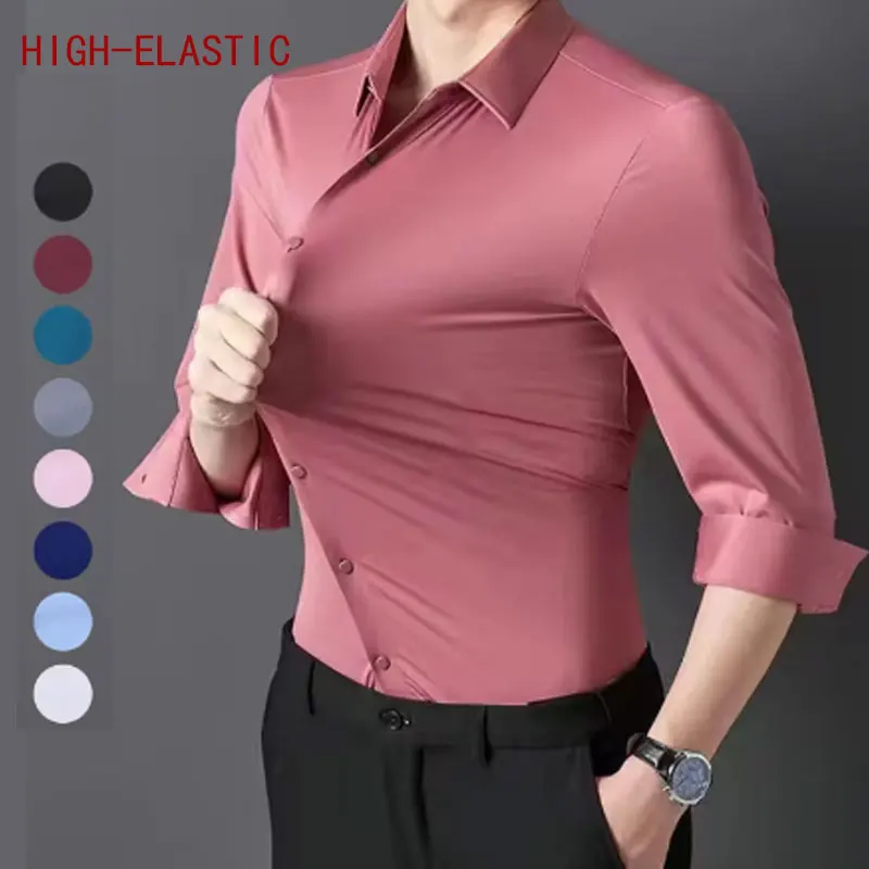 Men's Short sleeve summertime shirt High elastic and traceless cotta new long-sleeved slim spandex non-ironing business leisure